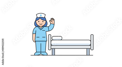 Cartoon Nurse Waving Hello Next to a Hospital Bed