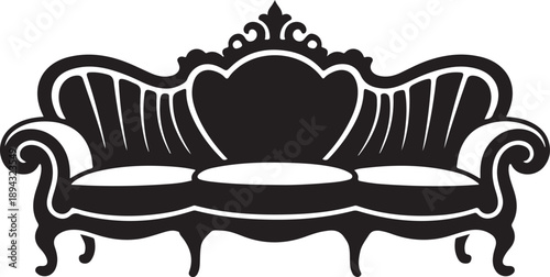 Elegant Black Silhouette of a Classic Vintage Victorian Royal Sofa Couch Icon