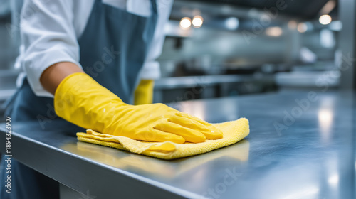 Hand in yellow glove wiping stainless steel surface. Perfect for commercial cleaning services, restaurant hygiene campaigns and food safety advertising.