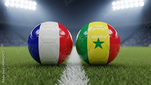 France vs Senegal football match concept featuring national flag soccer balls and an international rivalry in the world football championship tournament.