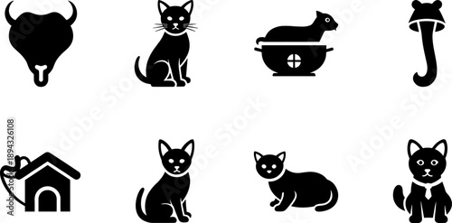 Collection of black pet icons including cats, dog house, and other symbols
