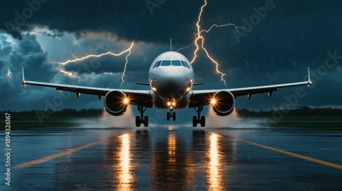 Airplane landing amidst thunderstorm airport runway action shot dramatic weather low angle view aviation photography