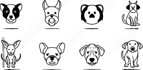 Collection of diverse dog breeds illustrated in a simple, modern line art style