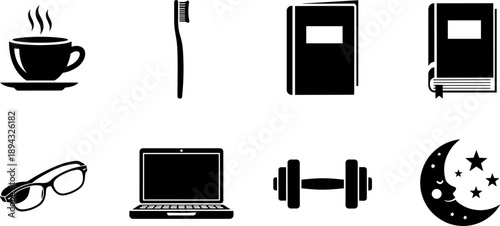 Collection of daily routine icons including coffee, toothbrush, books, laptop, dumbbell, and moon