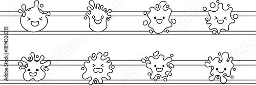 Cute cartoon blobs with faces expressing joy and surprise on a white background