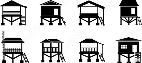 Collection of diverse stilt house icons in silhouette, representing various architectural styles