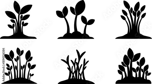 Collection of six black silhouette icons representing plant growth and seedlings emerging from soil