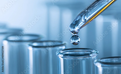 Close-up of a laboratory pipette releasing a clear liquid droplet into a glass test tube. Minimal scientific composition with transparent lab glassware and soft blue background.