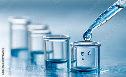 Close-up photo of a laboratory pipette dispensing a drop of blue liquid into a glass test tube. Clean scientific composition with transparent lab glassware and soft blue background