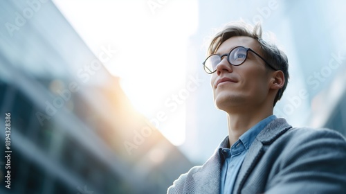 Confident businessman in glasses looking up at modern office buildings.