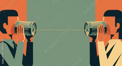 Retro illustration depicting two stylized figures engaged in a tin can telephone conversation, symbolizing effective communication and connection.