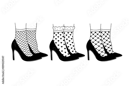 Monochrome Set of Women’s Shoes Styled with Delicate Retro Lace Socks