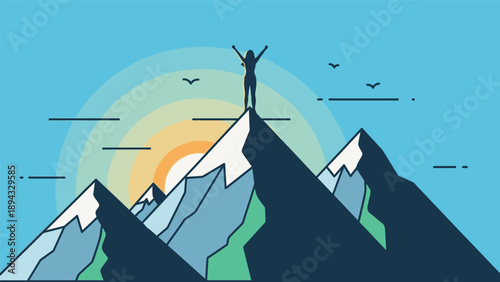 Man Standing on Mountain Peak with Arms Raised.