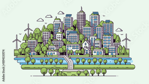 Sustainable City with Wind Turbines and Green Spaces.