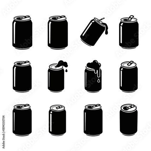 Set of Black Soda Cans with Different Actions, Isolated on White Background