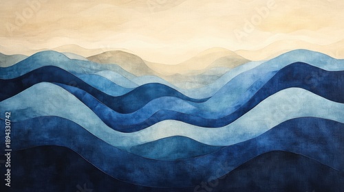 Geometric abstraction shows a river with layered horizontal stripes in shades of blue on a light beige background