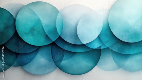 Abstract geometric design with overlapping circles in shades of teal, aqua, and blue representing lakes against a white background with grey accents