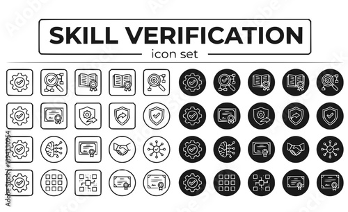 Skill Verification Validated Competency Assessment Authentication Credential Proof Proficiency Testing Certification Quality Vector Icon Set - Skills Validation