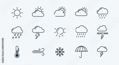 Ikon cuaca. Set ikon ramalan cuaca. Logo awan. Cuaca, awan, hari cerah, bulan, kepingan salju, angin, hari yang cerah. Ilustrasi vektor.