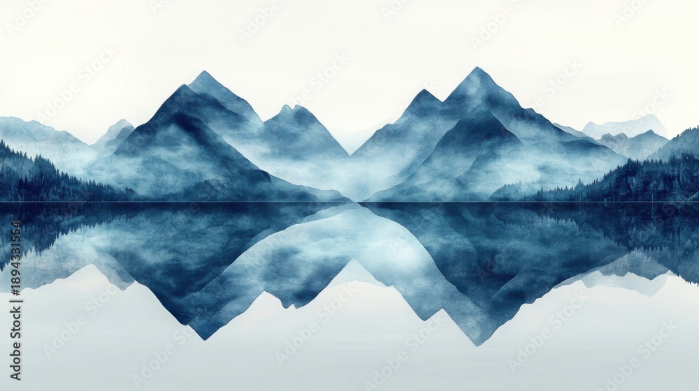 Fototapeta premium Symmetrical lake with triangular mountains and gradient blue reflections under a pale grey sky