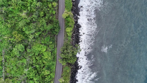 Aerial Top Down View of Coastal Road Winding Through Lush Green Jungle and Rocky Shoreline with Crashing Ocean Waves