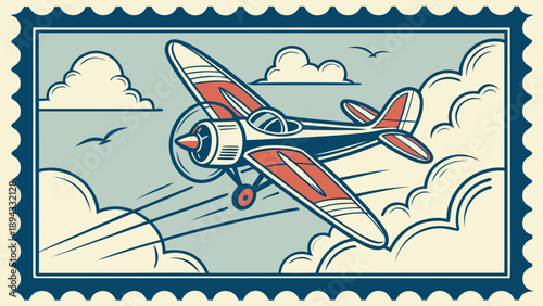 Vintage postage stamp set featuring an airplane flying through clouds and blue sky above the ocean for a summer travel aviation vector illustration