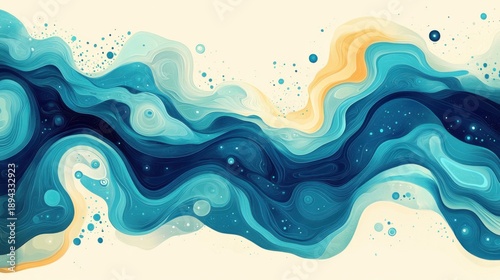 Modern geometric abstraction shows a winding river made of rectangles and triangles in shades of blue and turquoise over a pale beige background