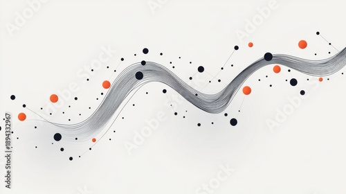 Curving black line with orange dots on a white background in a minimalist style showcasing simple design concepts in modern art