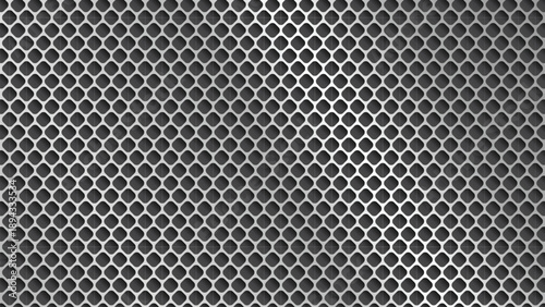 Industrial metallic perforated grill background with dark chrome texture and silver rounded square mesh pattern