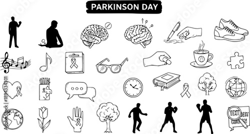 Parkinson's Disease Awareness Medical Health Doodles Icon Set. Hand-drawn Black and White Line Art Illustration for Symptoms, Therapy, and Support.