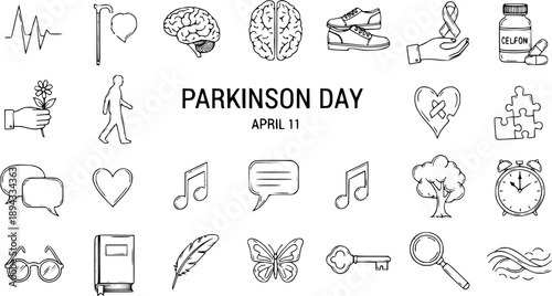Parkinson's Day icons: line art of medical symbols, health, support, and awareness for April 11th