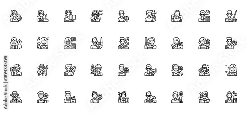 Professions icon set. Vector job and career symbols pack. Includes basketball player, baker, gamer, accountant, engineer, dentist, artist, farmer and more. Editable stroke.