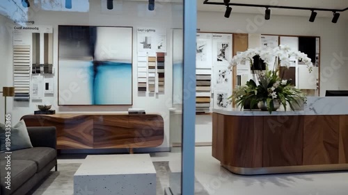 Modern Living Room Display with Abstract Art and Furniture.