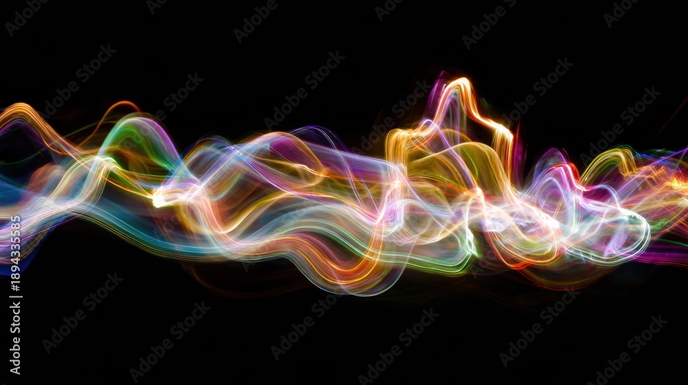 Obraz premium Thoughts Represented by Colorful Light Shapes Create a Balance of Ideas Seen in Motion and Form Against a Dark Background