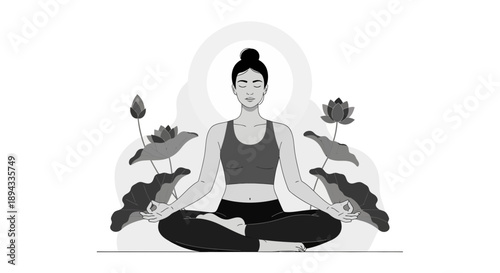 Woman Meditating in Lotus Pose with Serene Expression.
