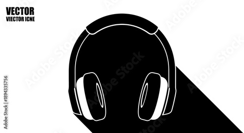 Minimalist Black and White Headphone Icon with Long Shadow.