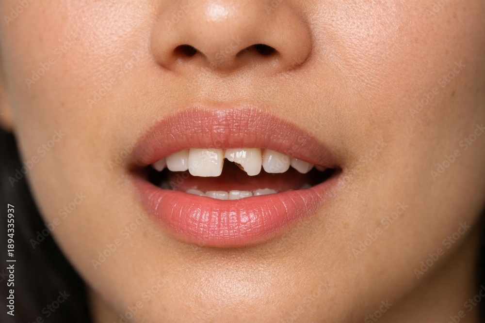 Obraz premium Woman showing a broken front tooth with visible dental injury and damage needing urgent repair