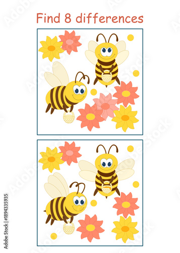 Find 8 differences in the pictures of bees collecting nectar from flowers. Observation game. Vector illustration for children's entertainment, activity book, worksheet.