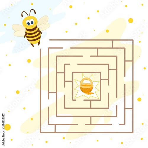 Help the bee find the way to the basket with honey. Maze game. Vector illustration for children's entertainment, activity books.