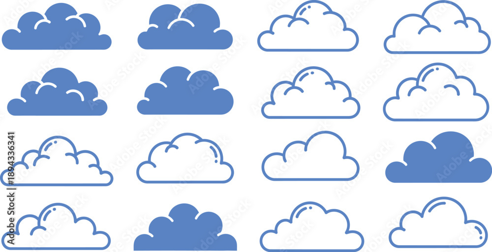 Obraz premium Collection of various blue and white cloud icons in different shapes and sizes