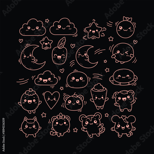 A collection of 20 cartoon cat faces with glowing eyes in various shapes and expressions on a black background