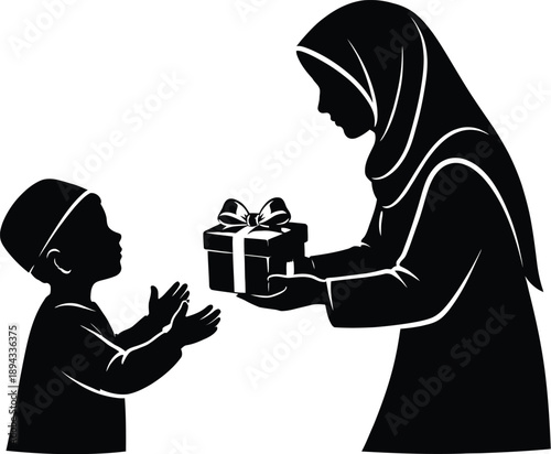 Muslim Woman Giving Gift Box to Young Boy Silhouette Vector Illustration Isolated on White
