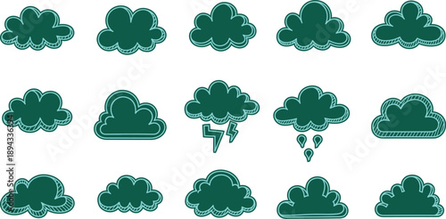 Collection of 15 various green tree silhouettes on white background
