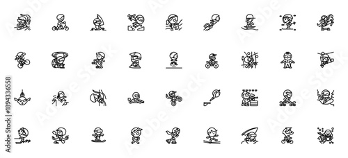Extreme Sports icon set. Vector adventure activity symbols including Surfing, Skydiving, Climbing, Bmx, Skiing and more. Editable thin line icons.