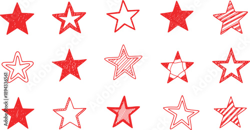 A collection of 12 red and white star shapes with various designs and patterns