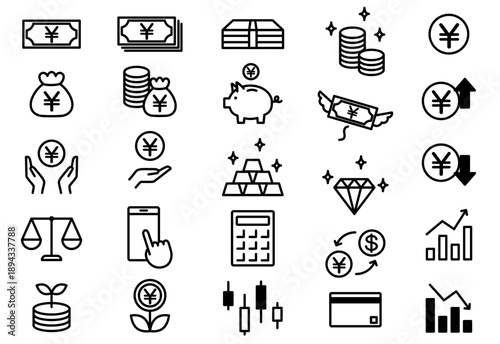Simple Investment and Money Icon Set with Yen Symbols