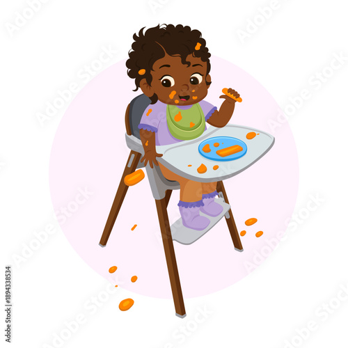 BLW Feeding Mess, Diverse Baby Girl Throwing Carrot