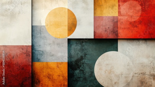 Geometric shapes in pastel tones create an abstract design with rectangles and circles against a lightly textured background