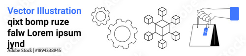 Business, technology, e-commerce, industrial processes, blockchain, digital design. Gears, a blockchain network and a hand with a shopping bag. E-commerce and technology concept