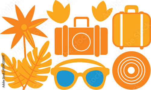 Summer vacation essentials: luggage, sunglasses, and tropical leaves